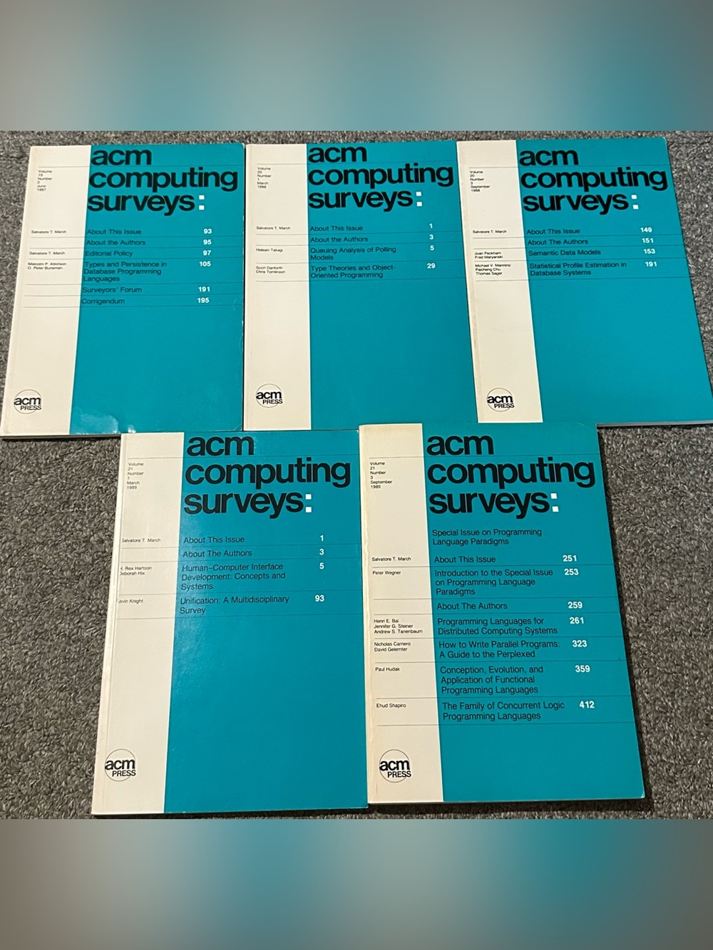 Lot of 5 ACM Computing Surveys Issues June 1987 March Sept 1988 1989 Programming